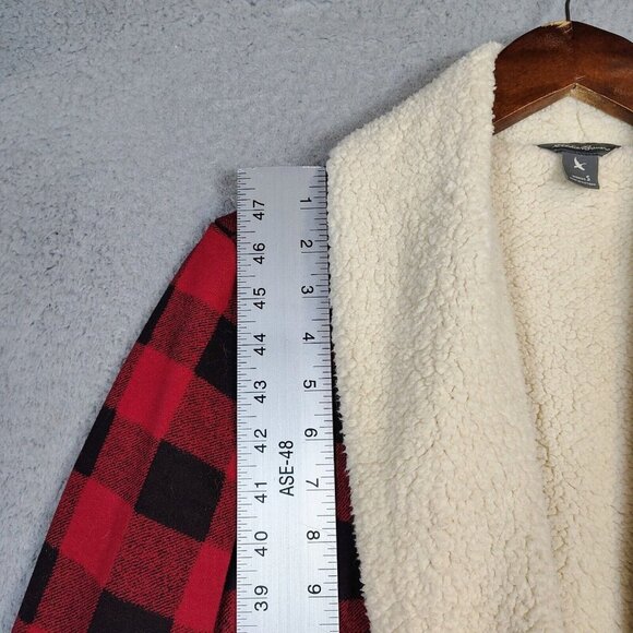 Eddie Bauer Cardigan Women Small Red Black Buffalo Check Sherpa Lined Open Front - Picture 6 of 13